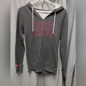 Under Armour Women's Charcoal Hoodie with Pink Lettering